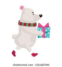 cute polar bear with gift box icon over white background, vector illustration