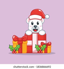 cute polar bear with gift box illustration. christmas vector illustration