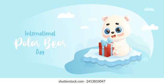 Eisbär mit Geschenk auf Eisschollen. Feiertag Internationaler Polarbärentag. 27. Februar. Vektorgrafik mit horizontaler Darstellung im Cartoon-Stil mit Tiercharakter. Kinderkollektion