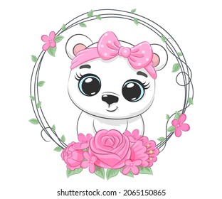 Cute polar bear girl and a festive wreath. Cartoon vector illustration.