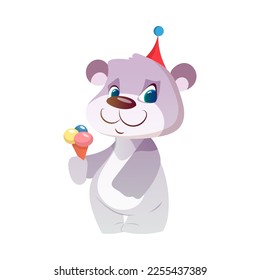Cute Polar Bear Greeting with Birthday in Hat with Ice Cream Vector Illustration
