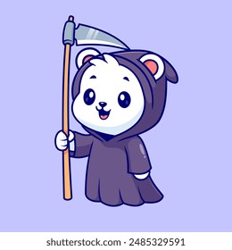 Cute Polar Bear Grim Reaper Cartoon Vector Icon Illustration. Animal Holiday Icon Concept Isolated Premium Vector. Flat Cartoon Style