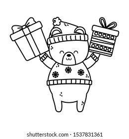 cute polar bear hands up with gifts merry christmas vector illustration thick line