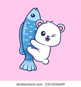 Cute Polar Bear Hanging On Fish Cartoon Vector Icon Illustration. Animal Food Icon Concept Isolated Premium Vector. Flat Cartoon Style