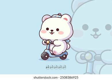 Cute polar bear happily riding a scooter