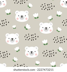Cute polar bear happy face with dashed boho clouds and white flowers on a pastel grey background. Kawaii animals kids seamless pattern, fabric and textile print design