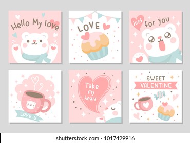 Cute Polar Bear Happy Love Heart Cup And Sweet In Soft Pastel Color. Set Of Square Gift Tag, Card, Badge. Lovely, Valentine Day. Vector Illustration.