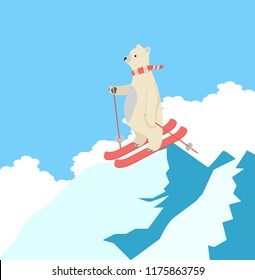 Cute Polar Bear Happy  skiing  on the top of a mountain