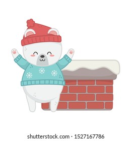 cute polar bear with hat and chimney merry christmas vector illustration