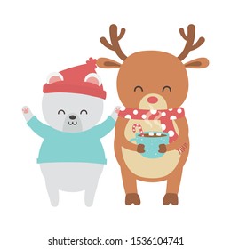 cute polar bear with hat and deer with gift merry christmas vector illustration