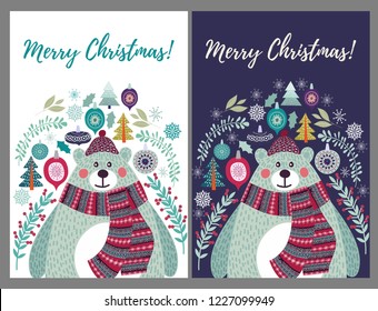Cute polar bear in a hat and a scarf. Set of two options for Christmas cards templates in the style of flat doodles, vector illustration on children's themes