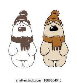 cute polar bear in a hat and scarf for sticker, cartoon, cartoon, notebook cover, for print, postcard
