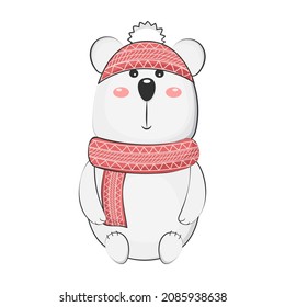 Cute polar bear in hat and scarf. Vector illustration.