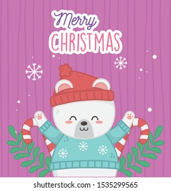 cute polar bear with hat and sweater snowflakes branches merry christmas vector illustration
