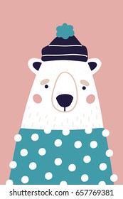 Cute polar bear in hat and sweater on pink background. Vertical greeting card. Colorful illustration for postcard in cartoon style.