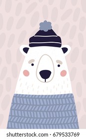 Cute polar bear in hat and sweater. Vertical greeting card in pastel colors. Colorful vector illustration for postcard in cartoon style.