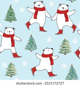 Cute polar bear having fun on Christmas day, Christmas tree and snowflake seamless pattern 