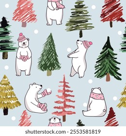 Cute polar bear having fun on Christmas day, pine forest seamless pattern