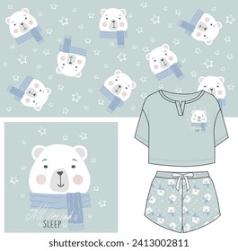 cute polar bear head illustration with pajama. Seamless polar bear star pattern and illustration set. Cute design pajamas, sleepwear, home wear, full set. all you need is sleep print. 