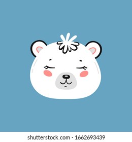 Cute Polar Bear Head Print Design for Kids. Little Baby White Teddy Bear Face. Doodle Cartoon Kawaii Animal Vector Illustration. Scandinavian Print or Poster Design, Baby Shower Card