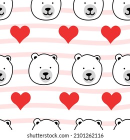 Cute Polar bear with heart hand drawn illustration seamless pattern for Valentines fashion print, gift wrapping paper, wallpaper etc.