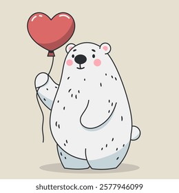 Cute polar bear with heart shaped balloon. Valentines Day card. Vector illustration