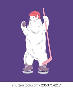 Cute polar bear in hockey player equipment, cartoon flat vector illustration on dark background. Ice hockey animal player. Adorable polar bear, great for kids and nursery designs.