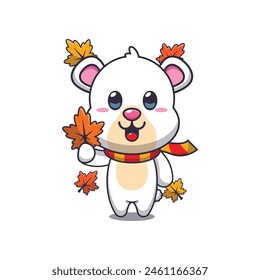 Cute polar bear holding autumn leaf. Mascot cartoon vector illustration suitable for poster, brochure, web, mascot, sticker, logo and icon.