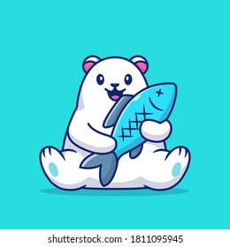 Oso Polar Cutáneo Con Un Icono De Vector De Caricatura De Peces Grande. Vector Premium Aislado De Concepto De Icono De Amor Animal. Estilo de dibujo plano