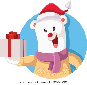 Cute Polar Bear Holding Christmas Gift. Happy winter character with Xmas present celebrating holidays
