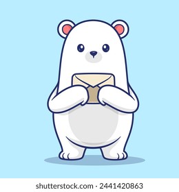 Cute Polar Bear Holding Envelope Cartoon Vector Icon Illustration. Animal Holiday Icon Concept Isolated Premium Vector. Flat Cartoon Style