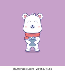 Cute Polar Bear Holding Fish  Vector Icon Illustration.