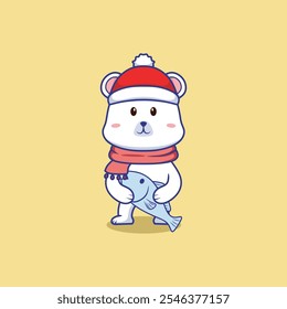 Cute Polar Bear Holding Fish  Vector Icon Illustration.