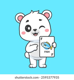 Cute Polar Bear Holding Fish Card Game Cartoon Vector Icon Illustration. Animal Holiday Icon Concept Isolated Premium Vector. Flat Cartoon Style