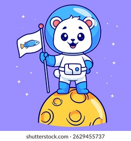 Cute Polar Bear Holding Fish Flag On Moon Cartoon Vector Icon Illustration. Animal Science Icon Concept Isolated Premium Vector. Flat Cartoon Style