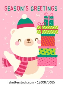 A cute polar bear holding the gift boxes illustration for christmas and new year card design.