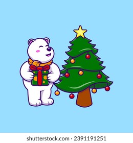 Cute Polar Bear Holding Gift Box Cartoon Vector Icons Illustration. Flat Cartoon Concept. Suitable for any creative project.