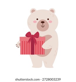 Um urso polar bonito segurando um presente em suas patas. Ilustração vetorial plana de um personagem se preparando para as férias.