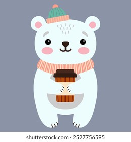 Cute polar bear holding a glass of coffee, flat illustration