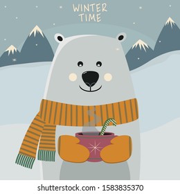 Cute polar bear holding a hot chocolate cup. Funny fat bear with hot drink. Bear pastel cartoon. Winter time. Christmas and New Year card.