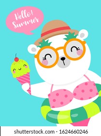 Cute polar bear holding ice cream illustration for summer holiday concept design.