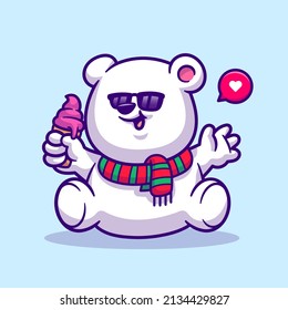 Cute Polar Bear Holding Ice Cream Cone Cartoon Vector Icon Illustration. Animal Food Icon Concept Isolated Premium Vector. Flat Cartoon Style