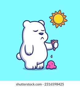 Cute Polar Bear Holding Ice Cream Melted With Sun In Summer Cartoon Vector Icon Illustration. Animal Nature Icon Concept Isolated Premium Vector. Flat Cartoon Style