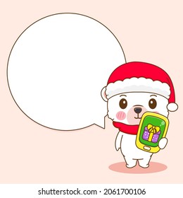 Cute Polar Bear Holding Phone With Bubble Chat Cartoon Illustration