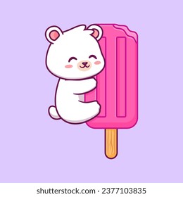 Cute Polar Bear Holding Popsicle Ice Cream Cartoon Vector Icon Illustration. Animal Food Icon Concept Isolated Premium Vector. Flat Cartoon Style