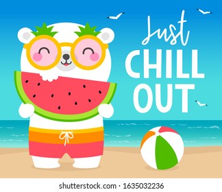 Cute polar bear holding a sliced  watermelon with beach scene  illustration  for summer holiday concept design.