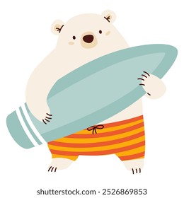 Lindo oso polar sosteniendo una tabla de surf. Ilustración vectorial plana en el estilo de los niños en un tema de verano