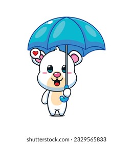 cute polar bear holding umbrella cartoon vector illustration.