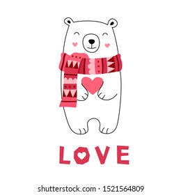 Cute polar bear holds a heart, Valentines day card, print for t shirts. Vector illustration for children.