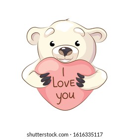 A cute polar bear holds a pink heart in its paws, with the inscription: "I love you." Design element for stickers, cards, flyers, greetings.